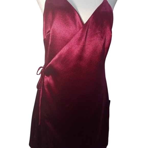 LULU'S Magenta Satin Backless Mini Wrap Dress Large - Picture 7 of 12